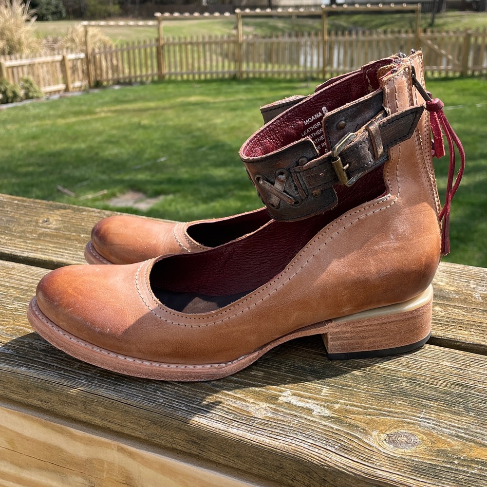 Freebird by Steven Sz 8 Moana Brown Leather Ankle-Strap Flats Burgundy Lined - Picture 5 of 13
